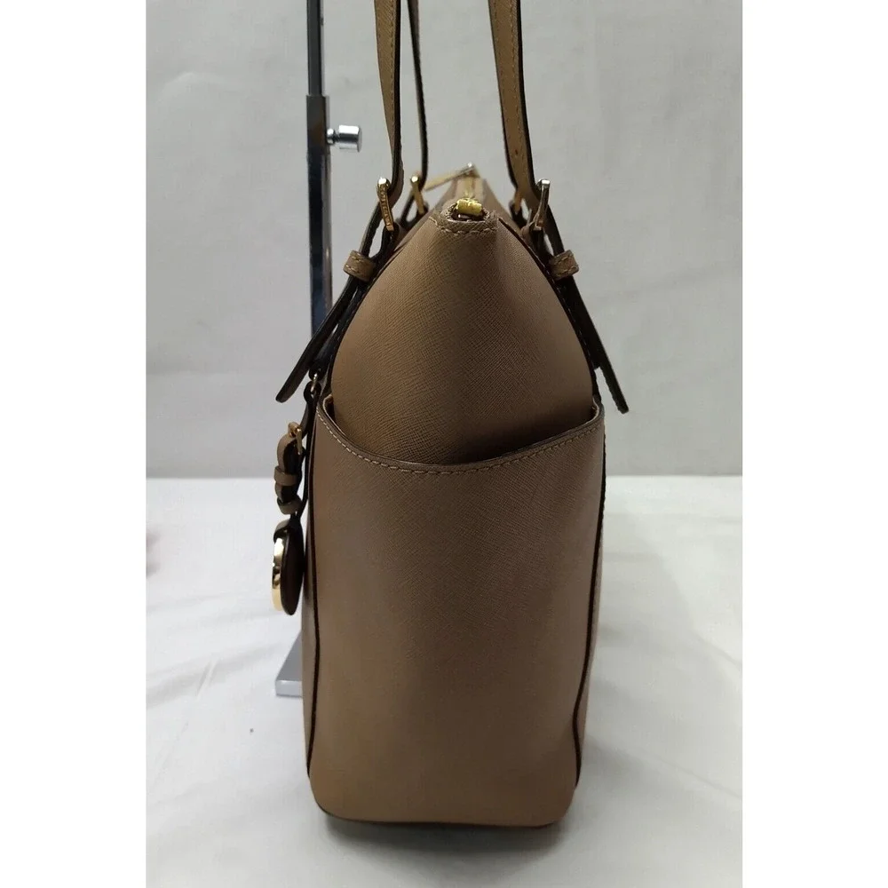 Michael Kors Jet Set Beige Leather Double Handles Zipper Tote Shoulder Bag - Picture 3 of 16